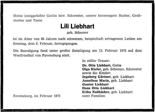 Scheeser Lili 1909-1975 Todesanzeige